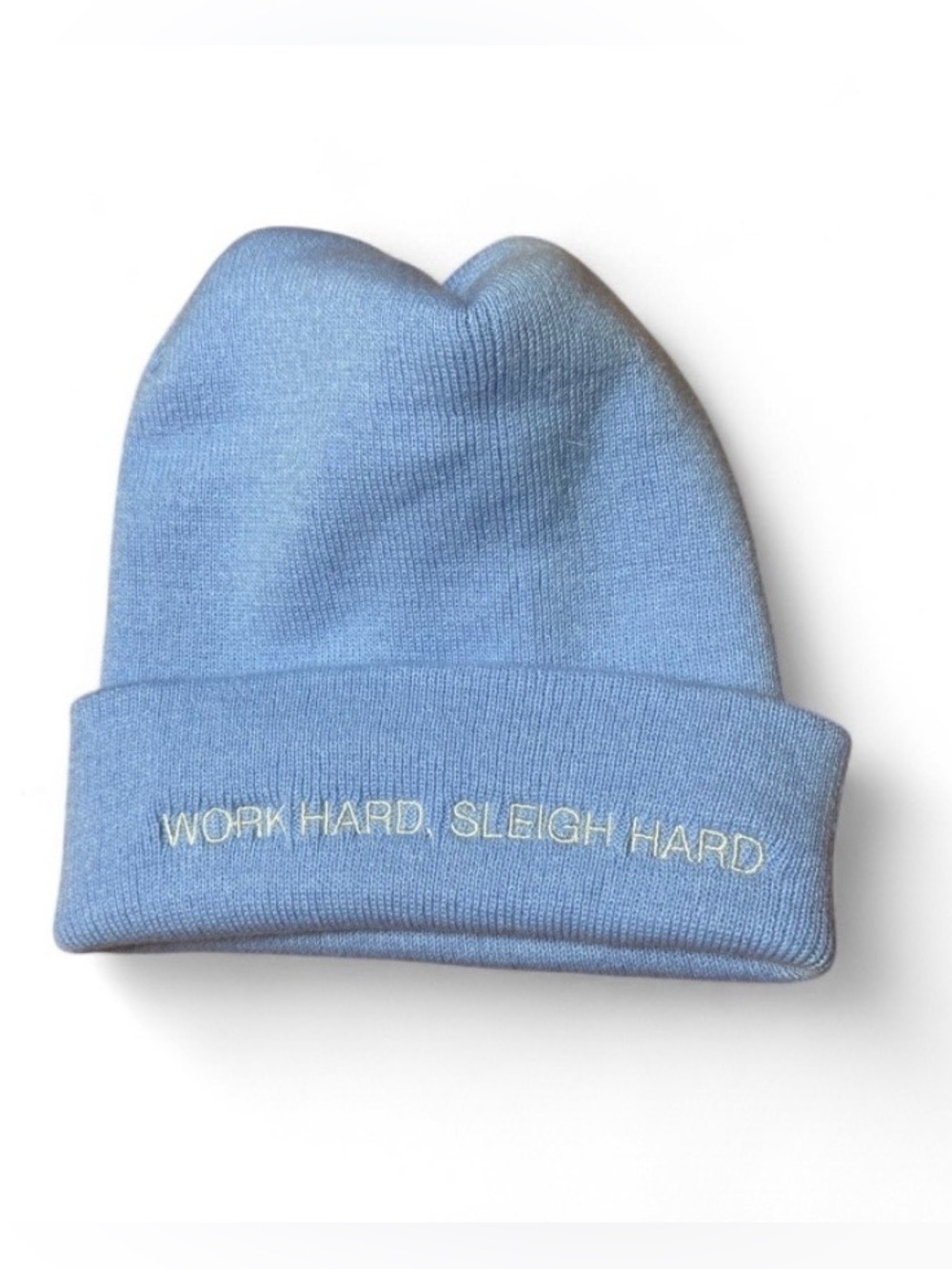 Work Hard Sleigh Hard Embroidered Beanie Hat | Light Blue Winter Cap